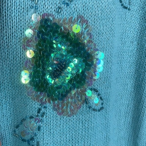 Victor Costa Sz L Silk, Angora Rabbit Hair, Long Line Blue Sequined Sweater - Picture 4 of 8